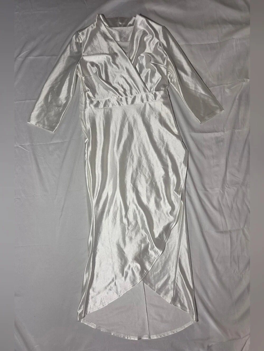 White Satin Long Sleeve V-Neck Wrap Midi Dress with High Low Hem
